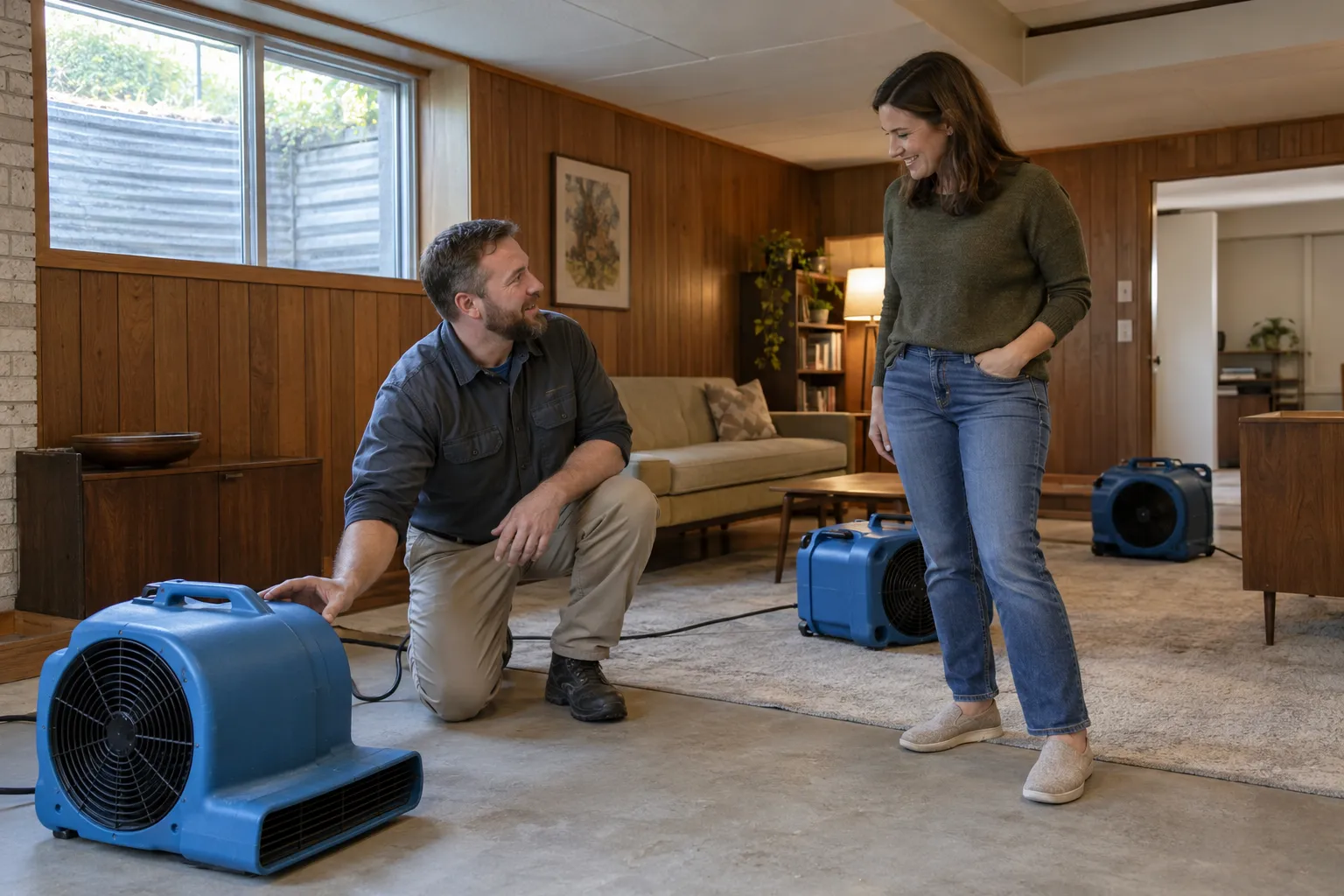 Water damage restoration technician drying a flooded living room in Chicago